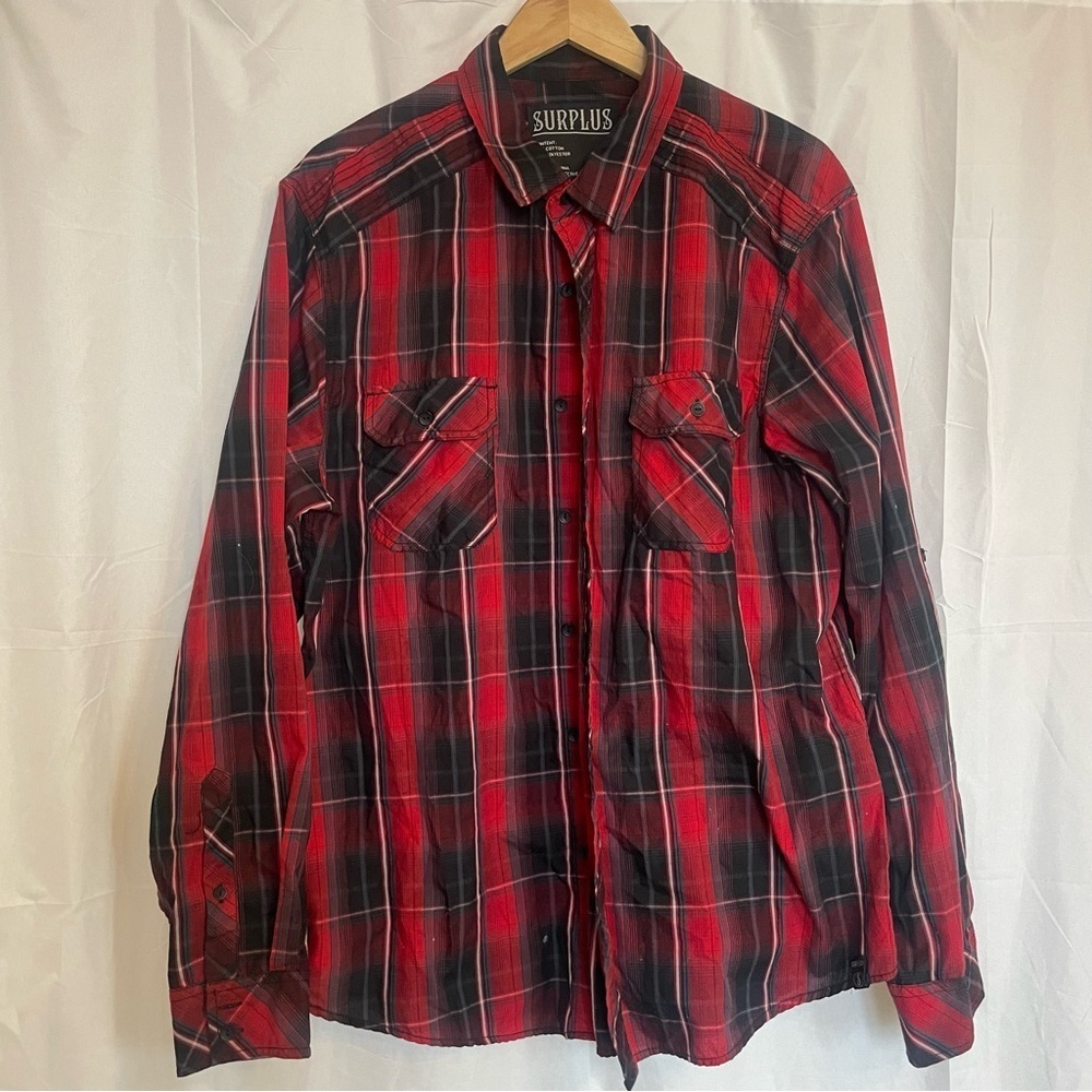 SURPLUS Men’s Red Black Plaid Casual Button Down Long Sleeve Shirt Size XL
